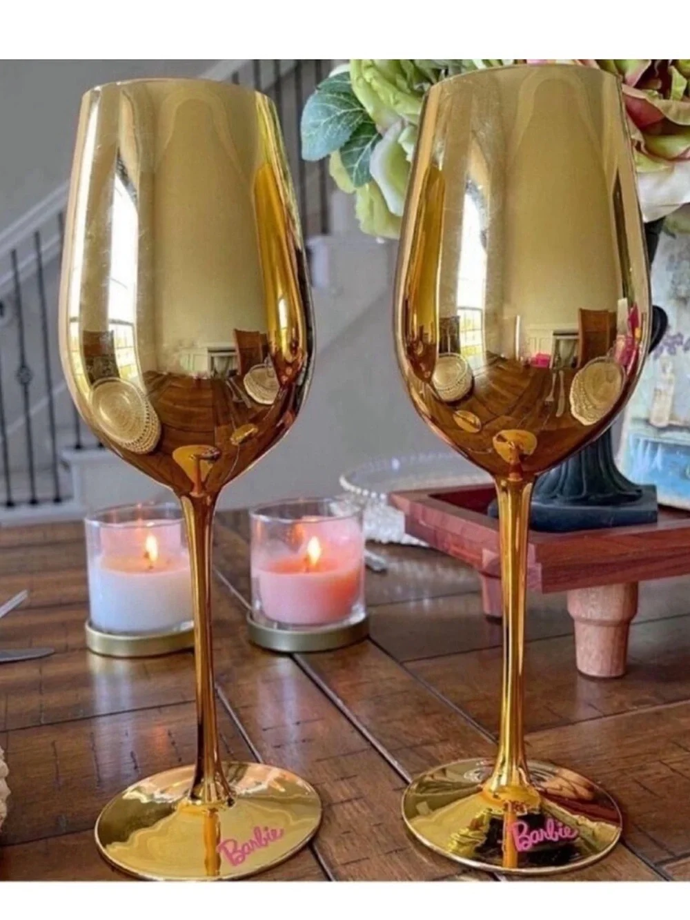 Barbie Gold Wine Glasses with Pink Interior - Set of 2